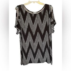 Chicos Travelers Cold Shoulder Top Black Beige Chevron Zig Zag Stretch 3/XL